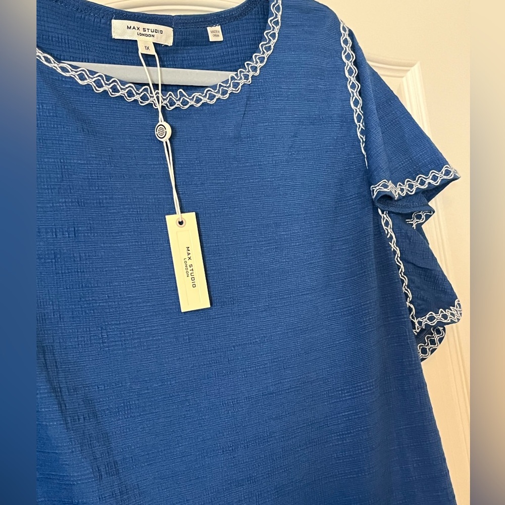 Max Studio Royal Blue Blouse with White Accents Ruffle Sleeve Size 1X - Picture 6 of 15